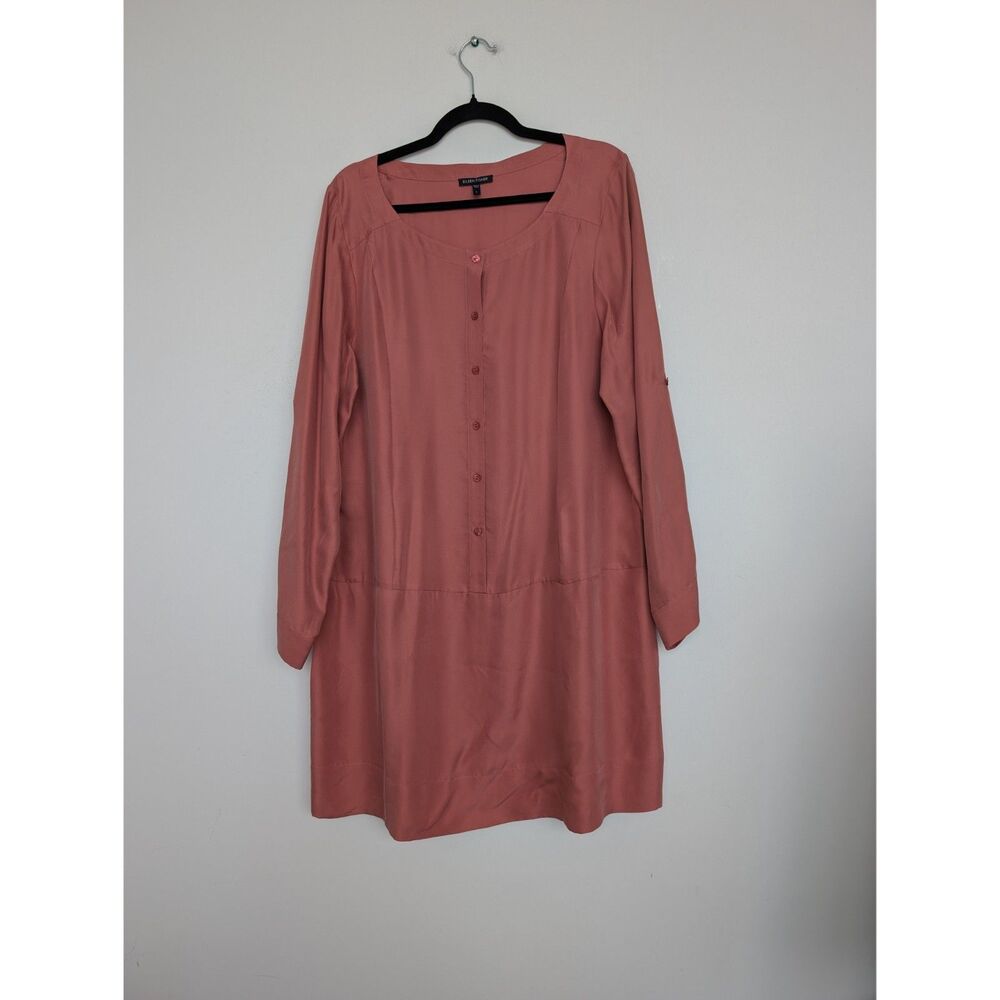Eileen Fisher Silk Long Sleeve Scoop Neck Button Dress w Pockets Sz L R2SND